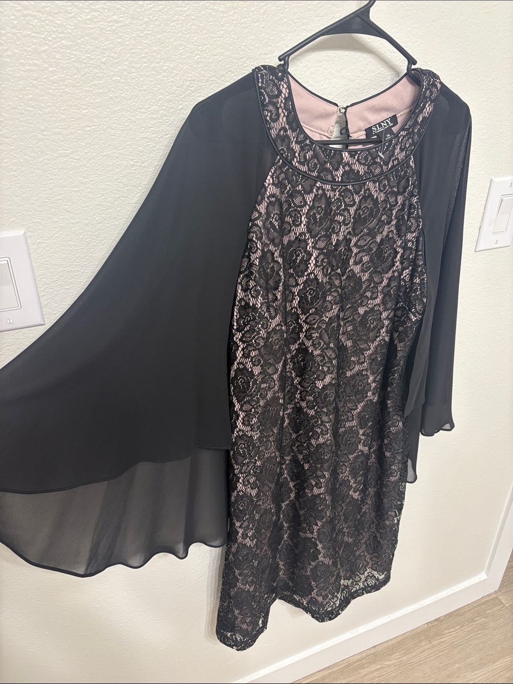 SLNY Black Lace Dress with Pink Lining and Sheer Cape Sleeves